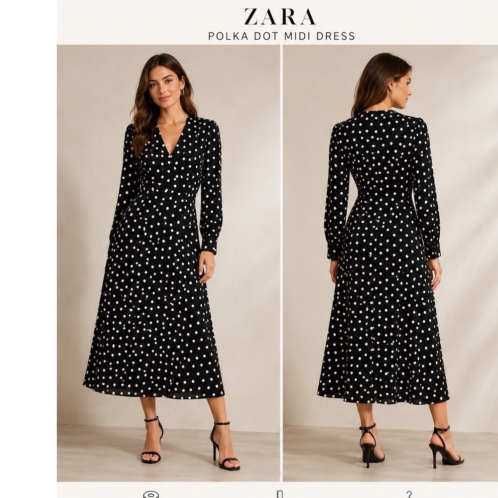 Zara Polka Dot Midi Dress Black White Long Sleeve V-Neck Satin Size XS
